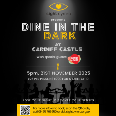 Visual depicting people dining in a dimly lit room, with details of the event.